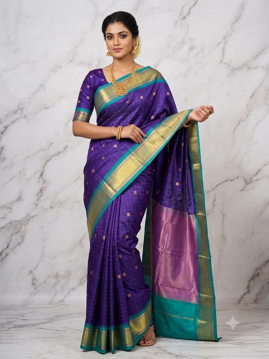 Rani Pink Banarasi Silk Saree with Navy Blue Gold Zari Border
